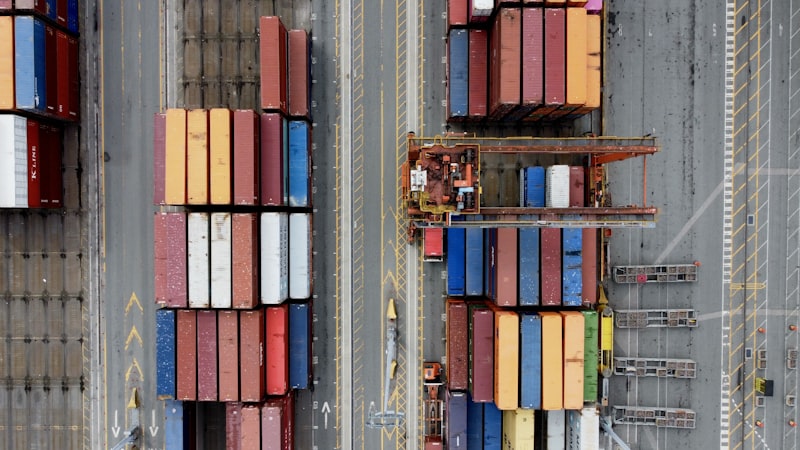 Aerial view of shipping containers at a port